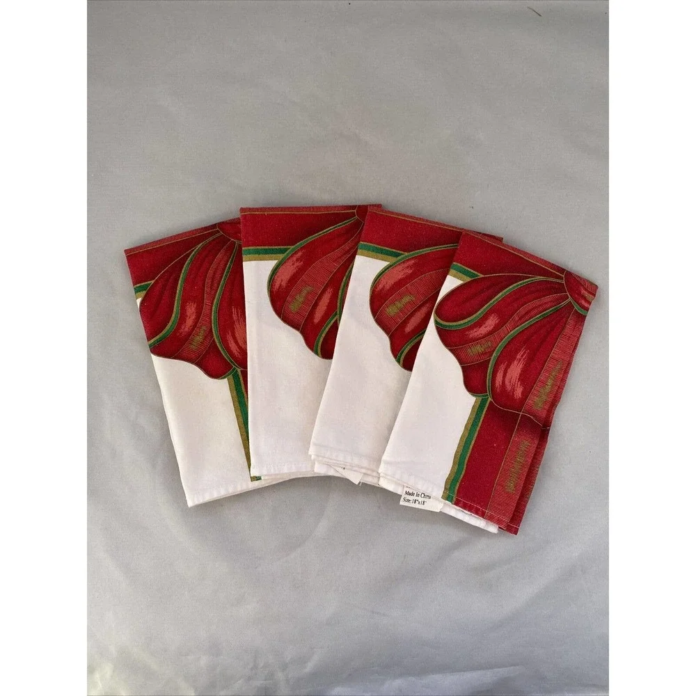 4 White with Red Christmas Bow Design Cloth Christmas Napkins 18